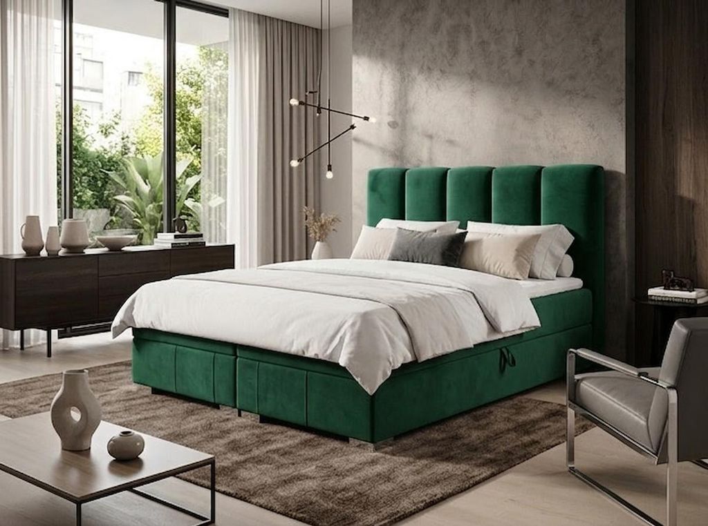 Boxspringbett OSLO 140 cm x 200 cm AMOR VELVET 11 Grün Bett mit zwei Bettkästen und H3 Matratze,Komplett-Set mit Matratze und Topper, Doppelbett.