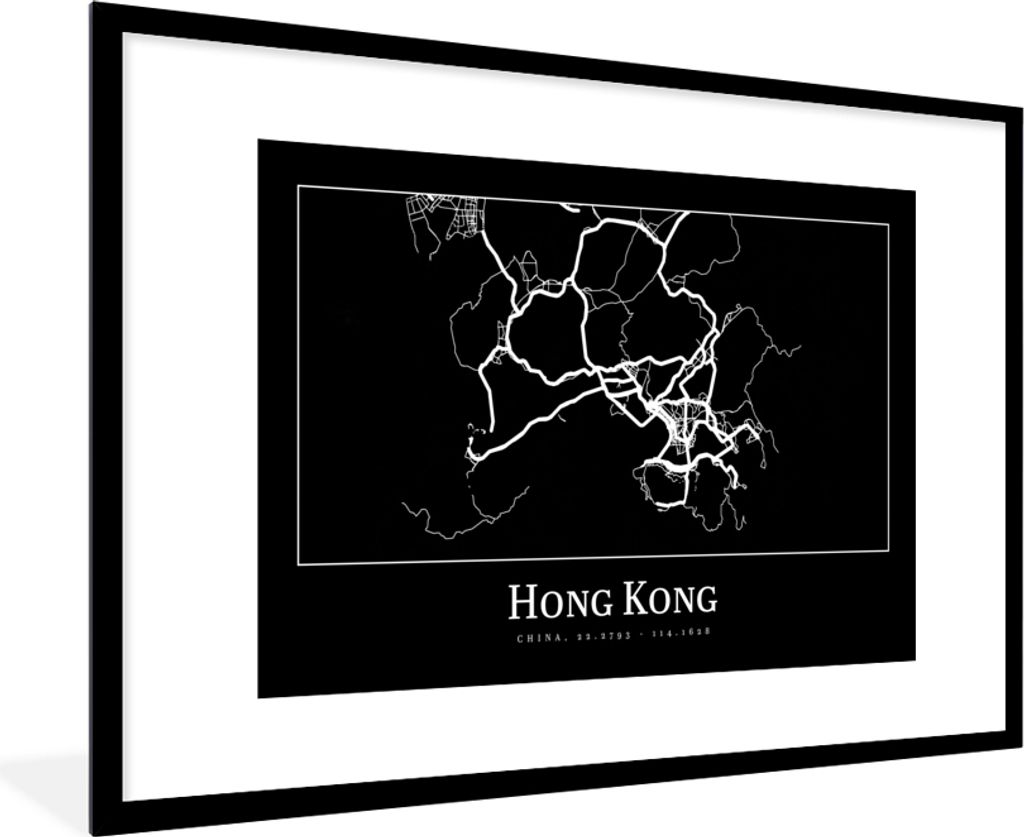 MuchoWow Gerahmtes Poster Hongkong - Karte - Stadtplan - Routenbeschreibung 90x60 cm - Poster mit Schwarzem Bilderrahmen Wandposter Rahmen Foto B...