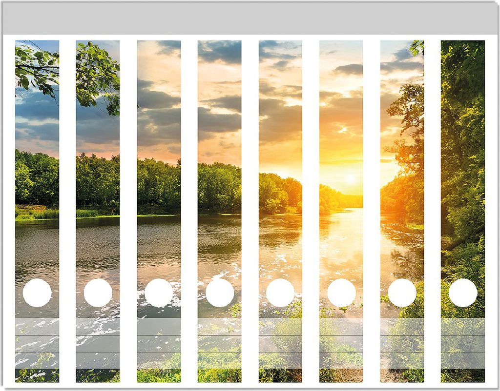 Wallario Ordnerrücken Sticker, selbstklebend für schmale Ordner, 8 Stück, Motiv Sonnenuntergang am Fluss in grüner Umgebung