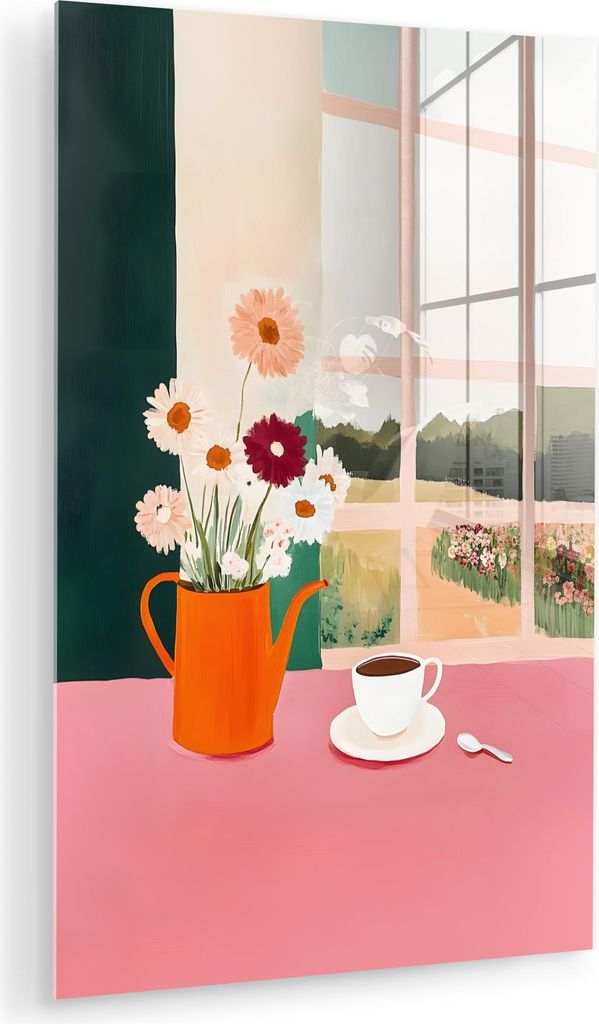 MuchoWow Glasbilder - Bilder auf Wandbild - Foto auf Glas Blumen - Kaffee - Fenster 80x120 cm Wanddekoration aus Glas - Acrylglasbild - Acrylbilder...