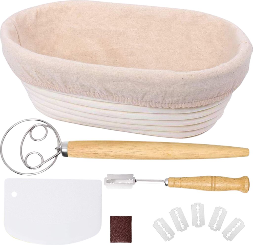 11-teiliges Sauerteigbrot-Backset: Ovaler Gärkorb aus Rattan, Stoffeinlage, dänischer Schneebesen, Brotmesser, Teigschaber, Klingenabdeckung, Bro...