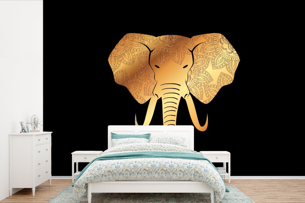 MuchoWow Fototapete für Wohnzimmer oder Schlafzimmer Wandtapete Vinyl Motivtapete Elefant - Tasse - Gold - Muster - 420x280 cm - Zimmer für Kinder