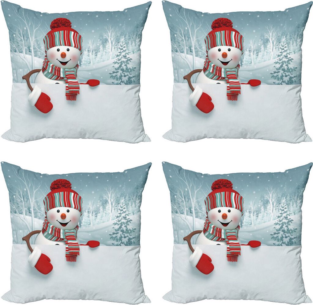 ABAKUHAUS Schneemann Kissenbezug Set (4 Stück), Lächeln 3D-Maskottchen-Bäume, Moderner Doppelseitiger Digitaldruck, 40 cm x 40 cm, Mehrfarbig