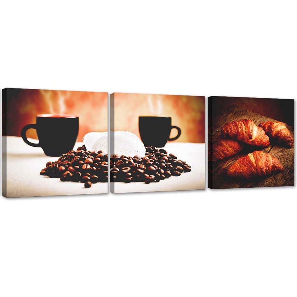 Set mit gemälden auf leinwand kaffee und croissants 120x40 cm Feeby braun wandbild bereit zum aufhängen
