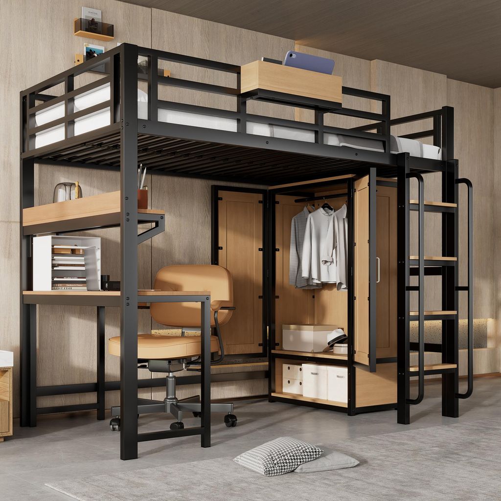 A loft bed with a desk and wardrobe, set up in a room.