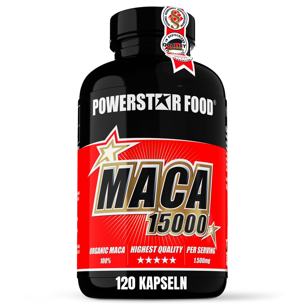 Powerstar MACA 15000 | 120 Kapseln hochdosiert & vegan | Mit Maca-Wurzel-Extrakt (20:1) & Vitamin C | Sport Supplement