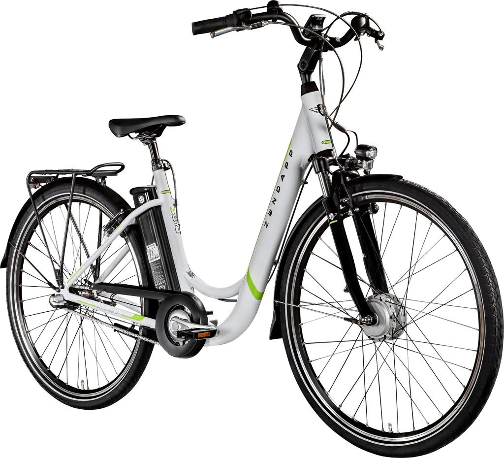 A white and green Zündapp e-bike is shown against a white background.