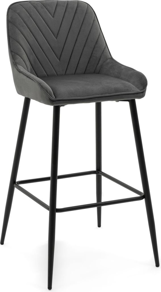 A gray bar stool with a padded seat and backrest, supported by black metal legs.
