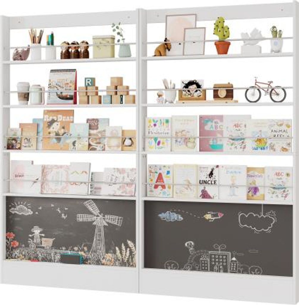 2er Bilderbuchregal 200x10x180 cm Kinderzimmer 4 Ebenen Ausstellregal Aufbewahrungsregal Bemalbares Schwarzbord Kippschutz Platzsparend Hinter Der ...