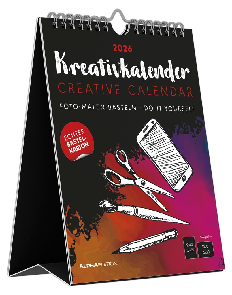 Alpha Edition - Kreativ-Kalender Tischaufsteller Hoch Schwarz 2026 - Bastelkalender 16×20 cm mit weißer Schrift, zum Aufstellen & Aufhängen, ide...
