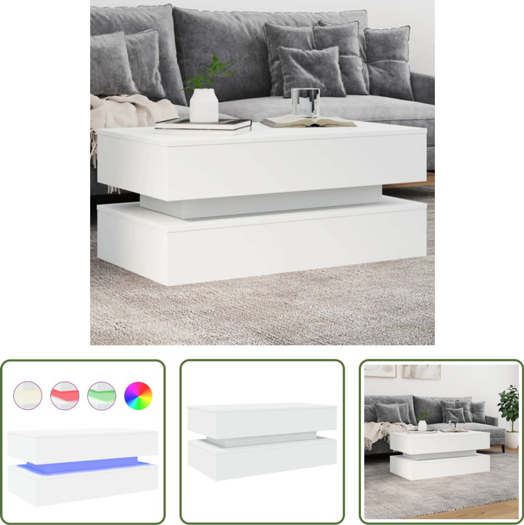 The Living Store Couchtisch mit LED-Leuchten Weiß 90x50x40 cm