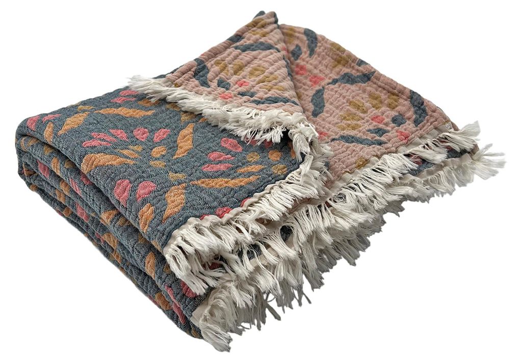 Plaid aus gewaschener Baumwollgaze mit Pflanzenmotiv