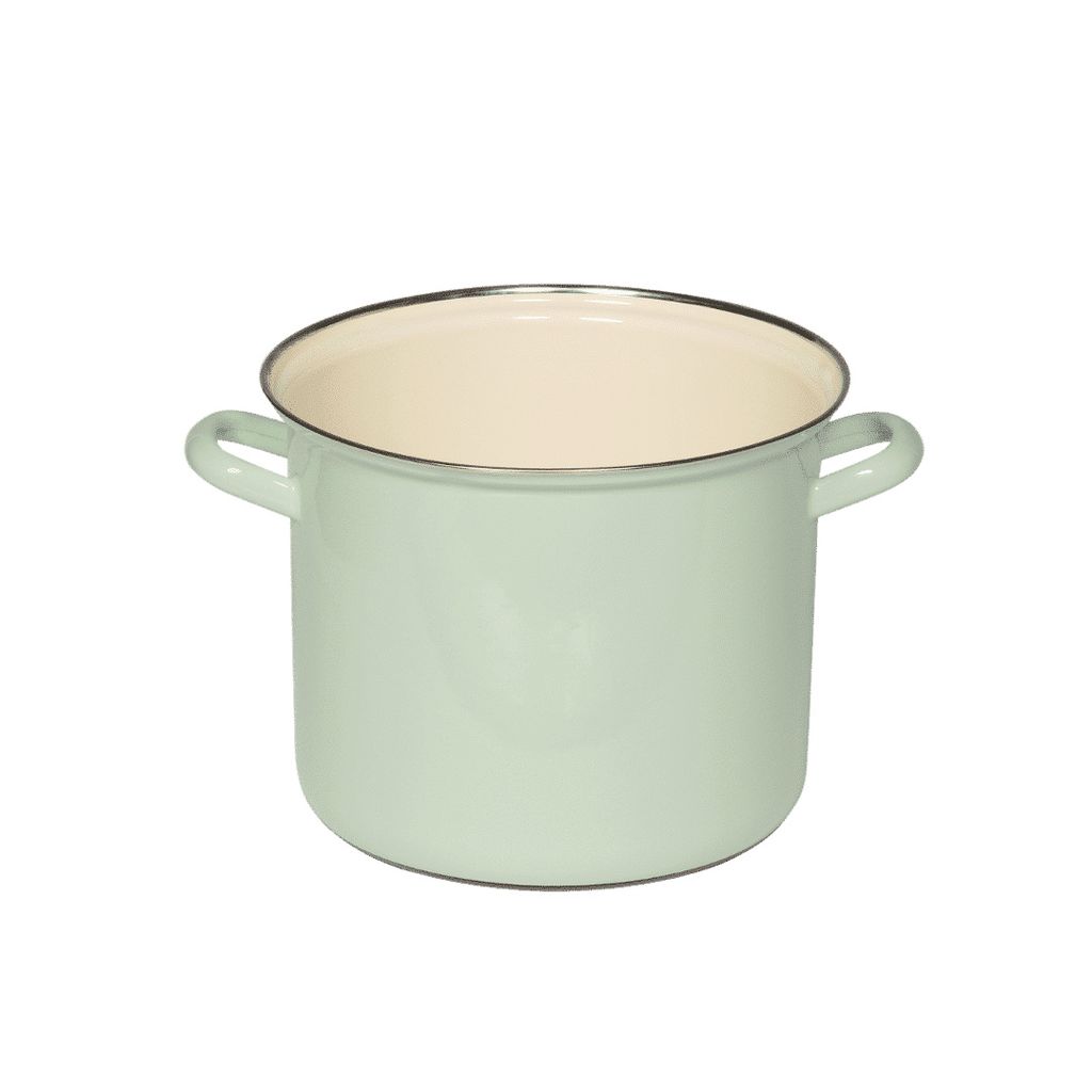 A light green enamel pot with cream interior and silver rim, shown from the front on a white background.