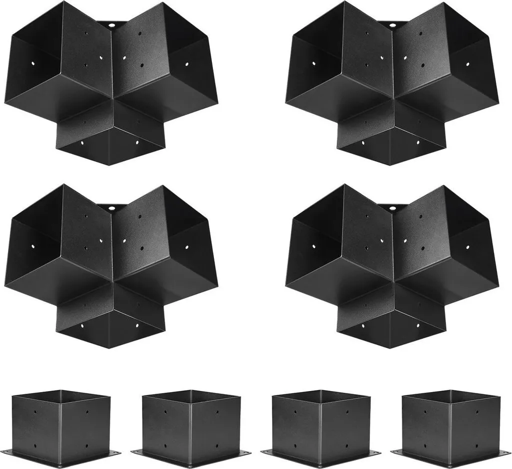 Kit 4 Supports de Pergola 6x6 Pouces à 3 Voies avec Bases en Acier Noir