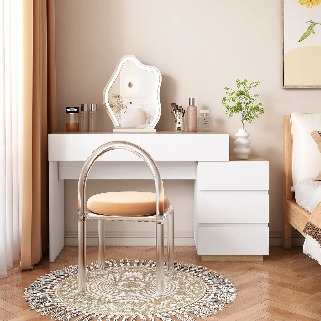 Bureau Sweiko blanc et chêne avec 5 tiroirs en panneaux de particules E1
