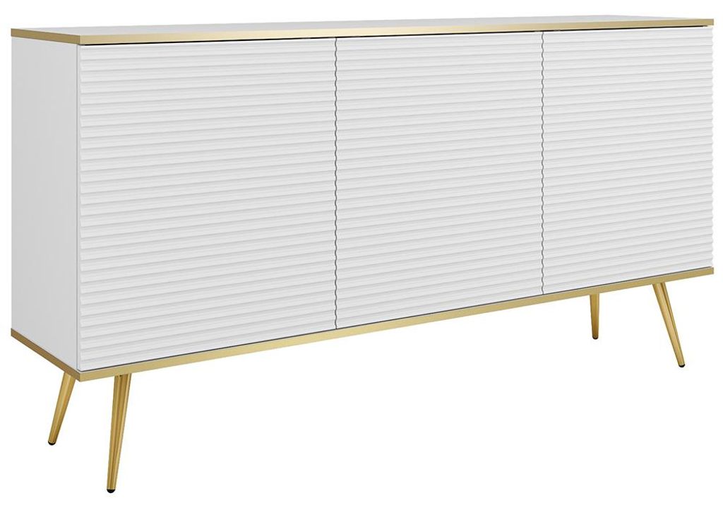 Wohnzimmer Sideboard mit 160 cm Breite in Weiß mit Rillenfront & goldfarbenen Füßen - OLOVO-160