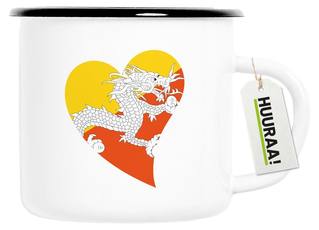 Huuraa Emaille Tasse Bhutan Flagge Herz 300ml Vintage Campingbecher Geschenkidee
