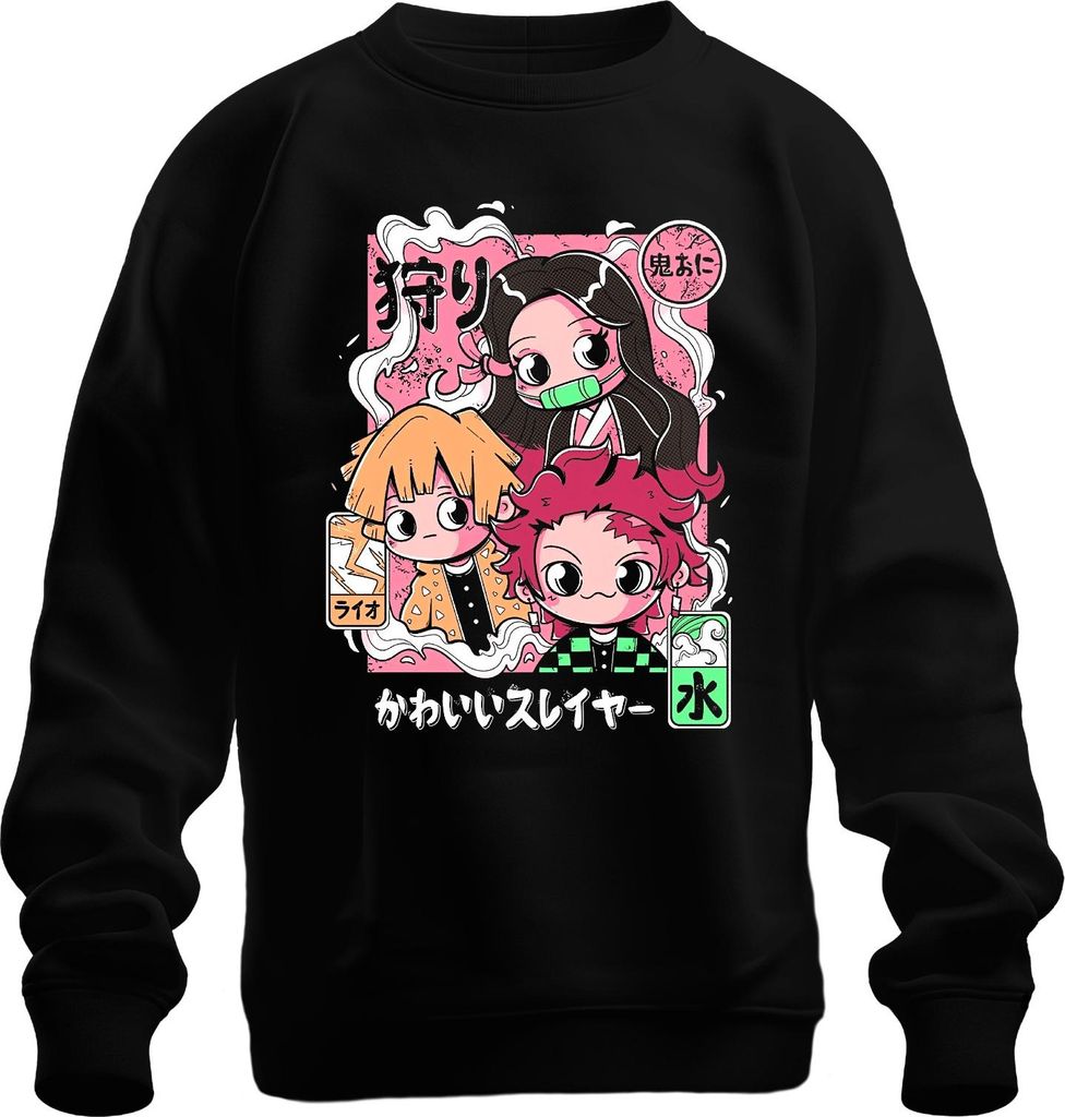 Kimetsu no Yaiba Tanjiro Nezuko Zenitsu かわいいスレイヤー Chibi Kawaii Uni Sweatshirt Pullover, Schwarz, L
