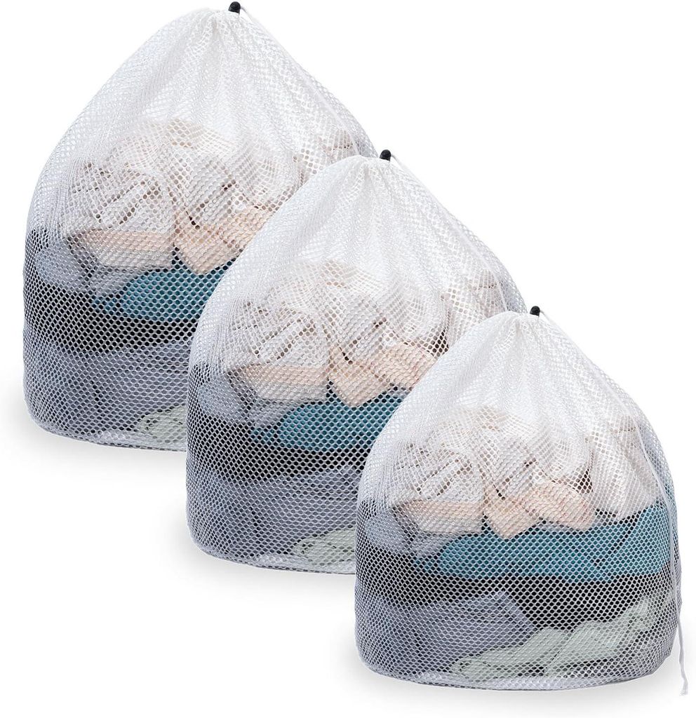 Wäschesack Leinen 3 Stück, Groß Mittel Klein mit Kordelzug, 30x40 bis 50x60 cm, Waschmaschinengeeignet für Studenten Reisen Camping