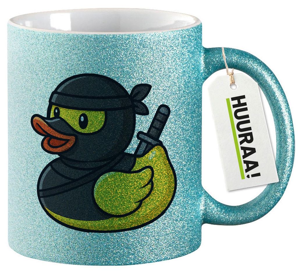 Huuraa Glitzertasse Quietscheente Ninja Gummiente Krieger 330ml Blau Keramik Kaffeebecher Geschenkidee