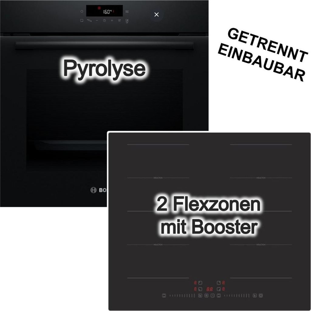 Herdset BOSCH Pyrolyse Backofen 3D Heißluft Schwarz + Induktionskochfeld PKM Flexzonen Booster