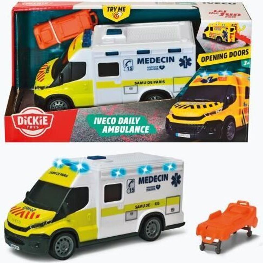 Dickie IVECO Daily Krankenwagen Spielzeug, Freilauf, Sound- und Lichteffekte, SAMU de Paris