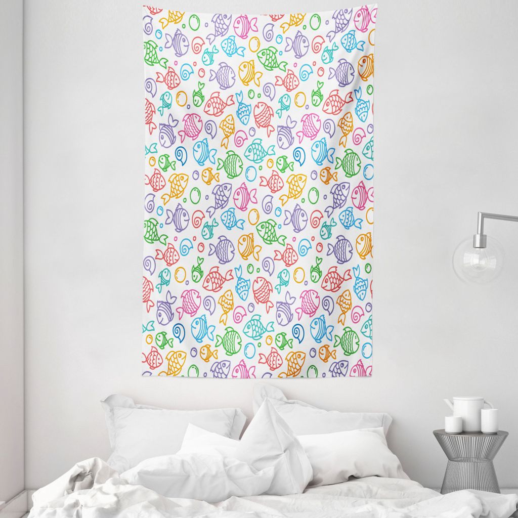 ABAKUHAUS Fisch Wandteppich und Tagesdecke, Doodle Fisch Happy Aquarium aus Weiches Mikrofaser Stoff Waschbar ohne Verblassen Digitaldruck, 140 x 2...