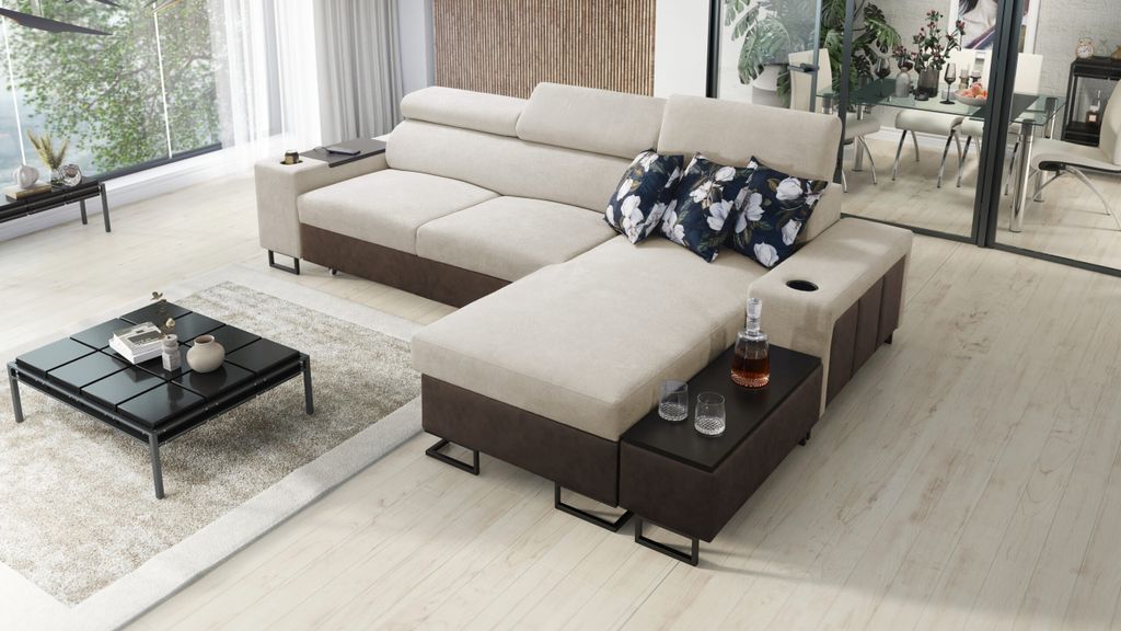 Kaiser Möbel s, modernes Ecksofa MELODY I MINI mit Usb und Regal Tauro/Freya Braun/Beige Rechts