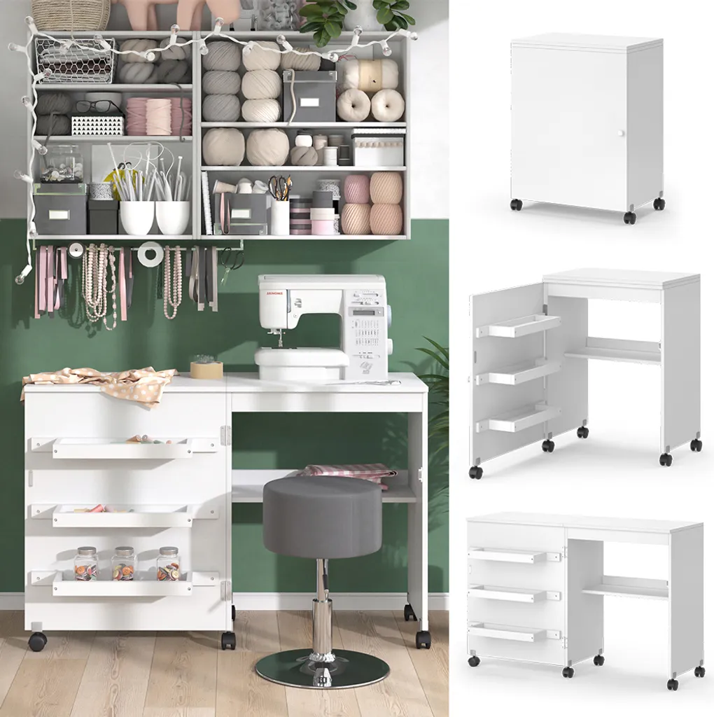 Table de couture 118x77,5cm avec 3 étagères Vicco Carmen blanc mat