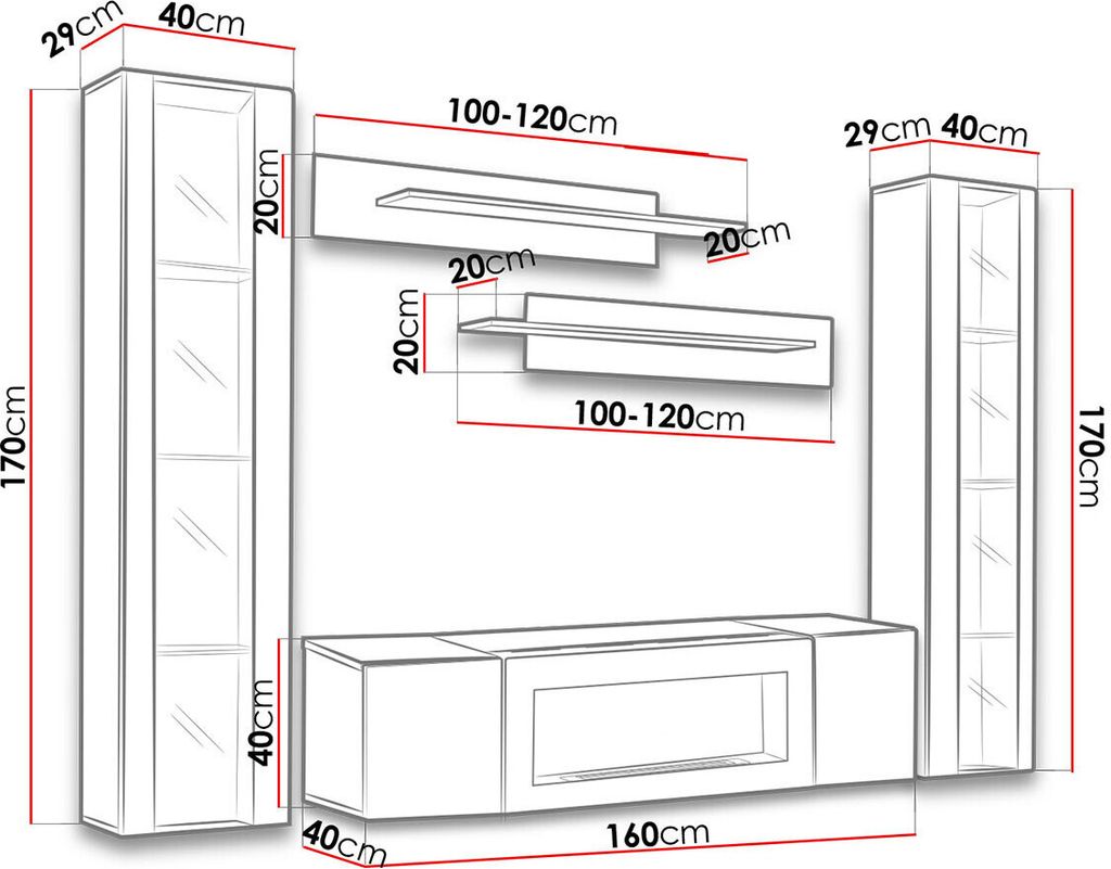 Mueble De Pared Moderno Con Chimenea De Bioetanol Y LED - Modelo FLY N2 WW, Blanco Brillante, 160x150x40 Cm