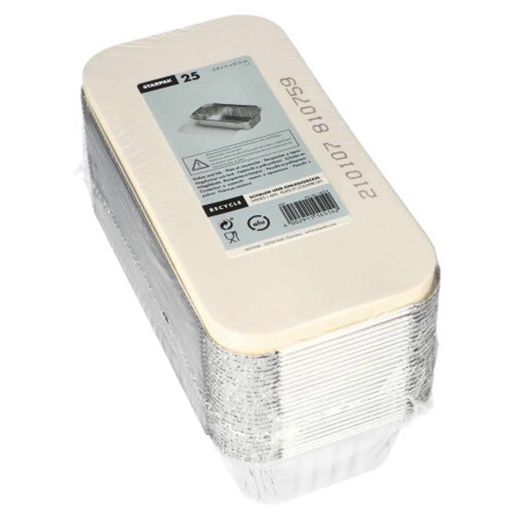 A stack of aluminum food containers with lids, wrapped in plastic.