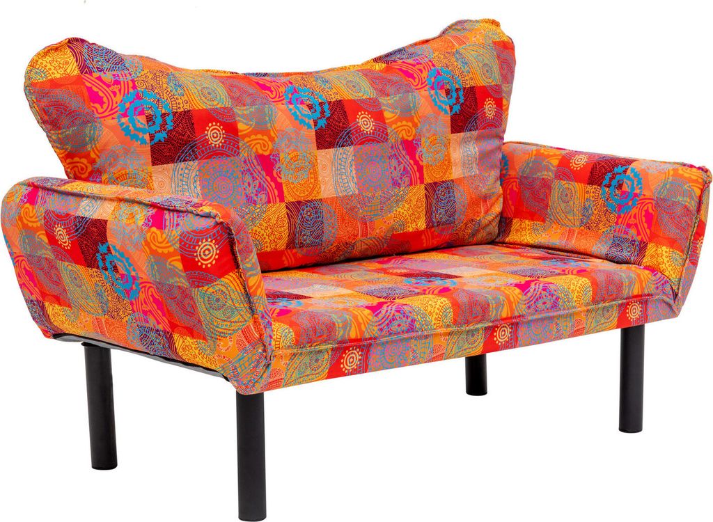 A colorful patchwork sofa with black legs against a white background.