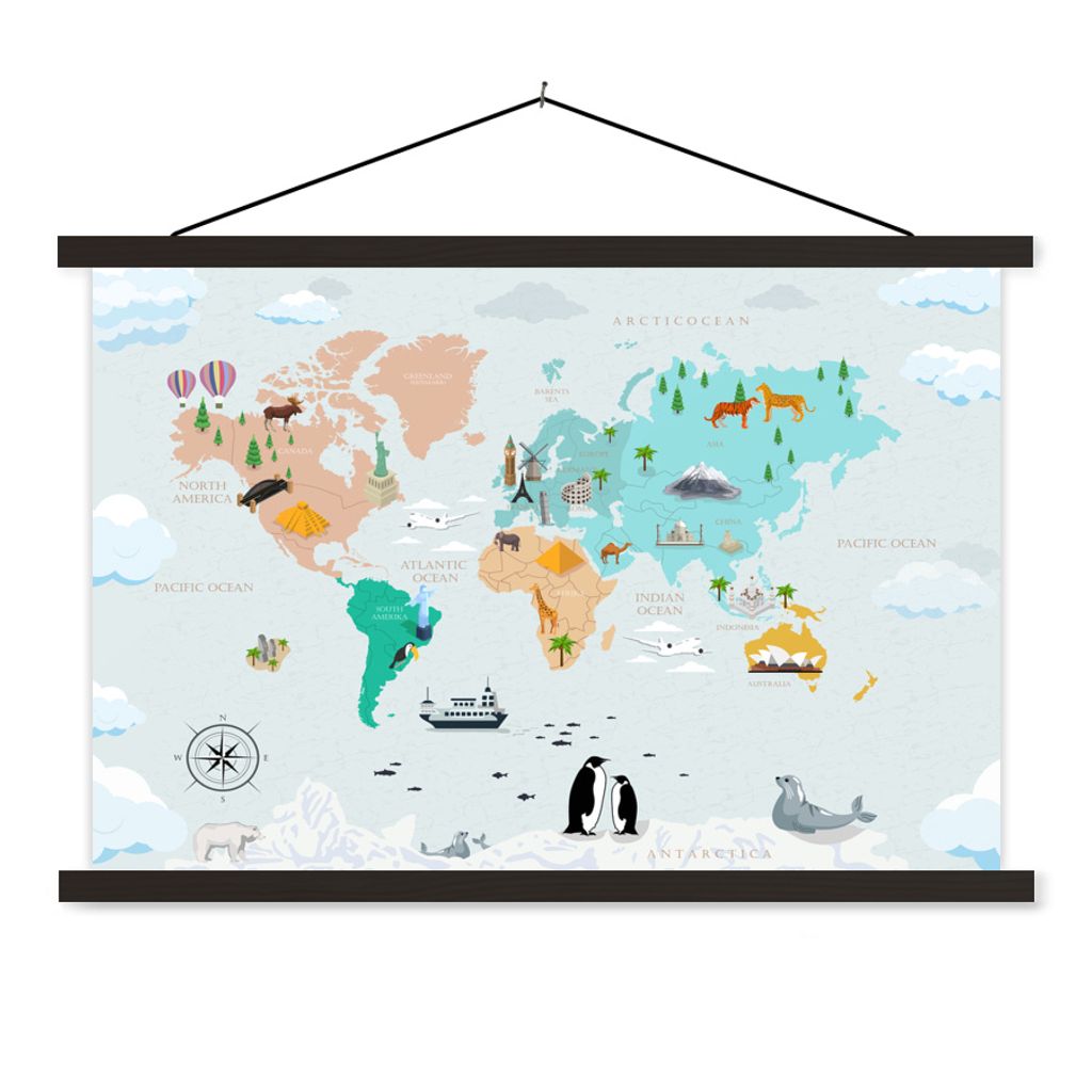 MuchoWow Textilposter Weltkarte Kinder - Symbole - Kompass 90x60 cm mit schwarzem Rahmen - Aufhängungssatz
