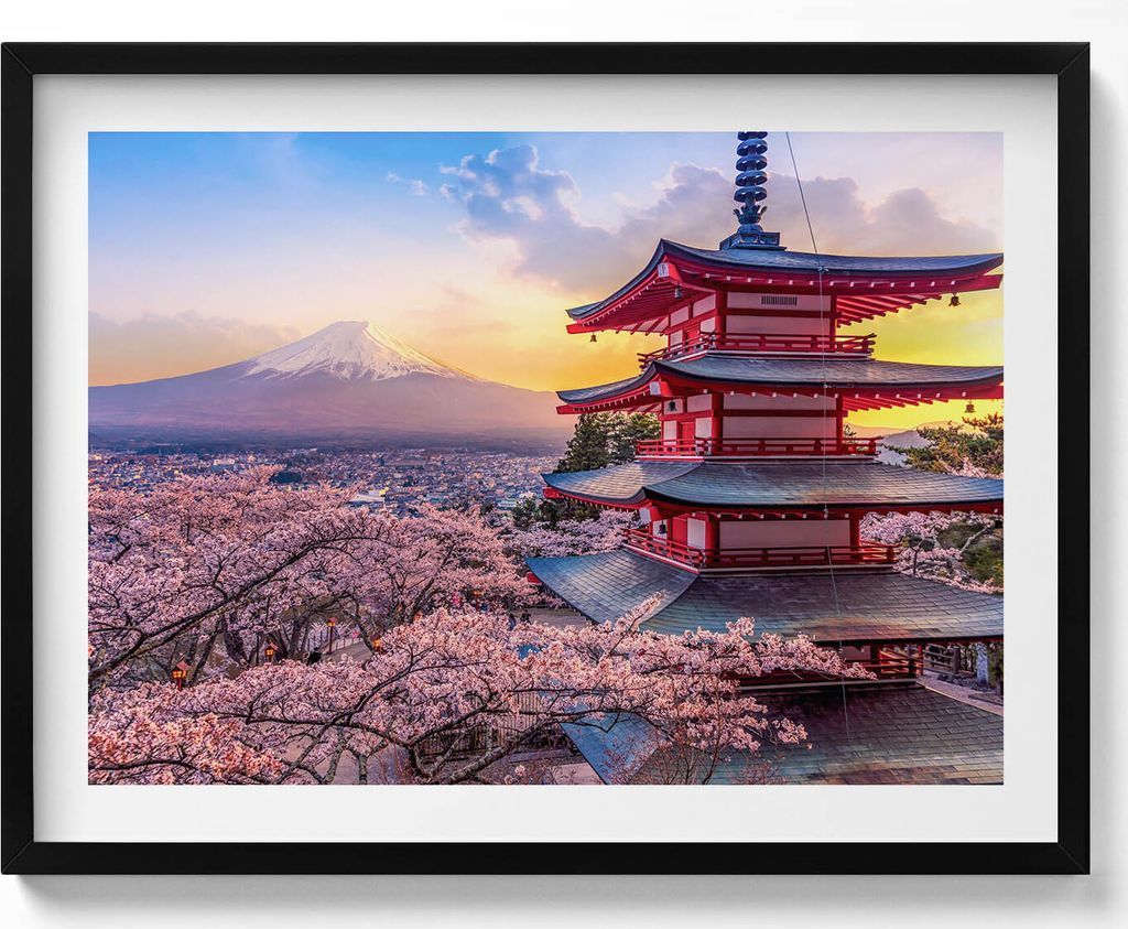 Japanische Architektur– Wandbild mit Rahmen – Gerahmtes Bild – Wanddekoration – 80x60 cm – Schwarz Rahmen