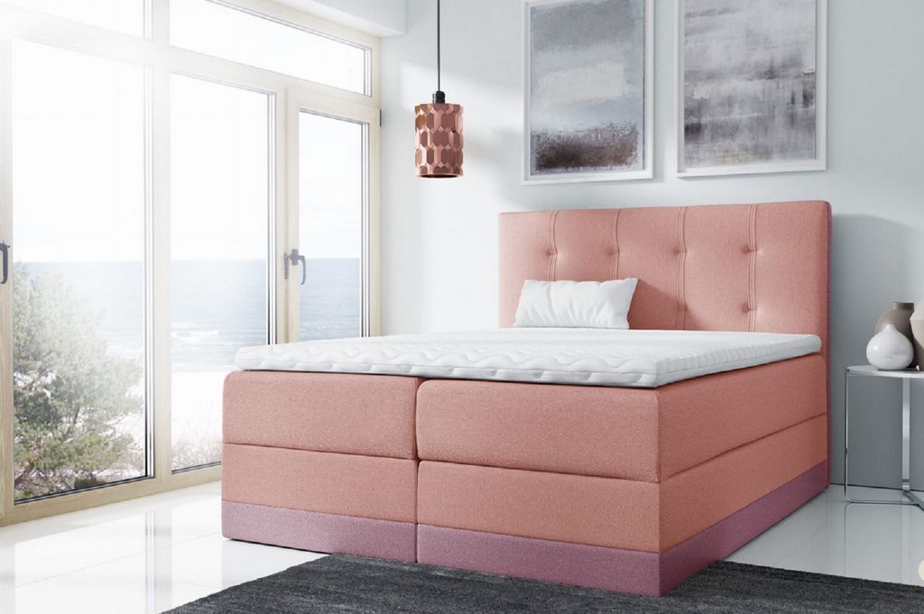 Einzelbett Tory 200x200, rosa, gepolstert + Matratzenauflage