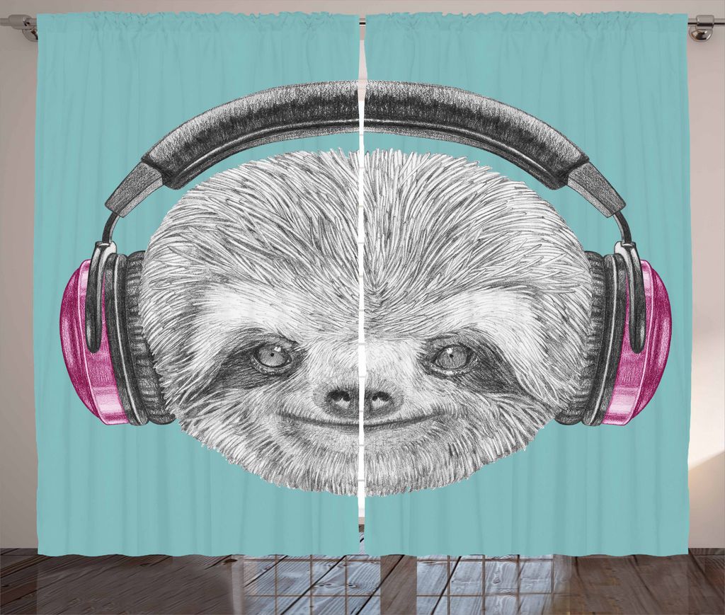 ABAKUHAUS Faultier Rustikaler Vorhang, DJ Sloth Kopfhörer, Wohnzimmer Universalband Gardinen mit Schlaufen und Haken, 280 x 225 cm, Fuchsienfarben...