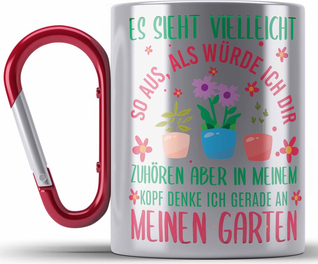 Trendation - Gärtnerin Geschenk Edelstahl Tasse Karabiner mit Spruch für Garten Hobbygärtnerin Geschenkidee Gärtner (Rot)