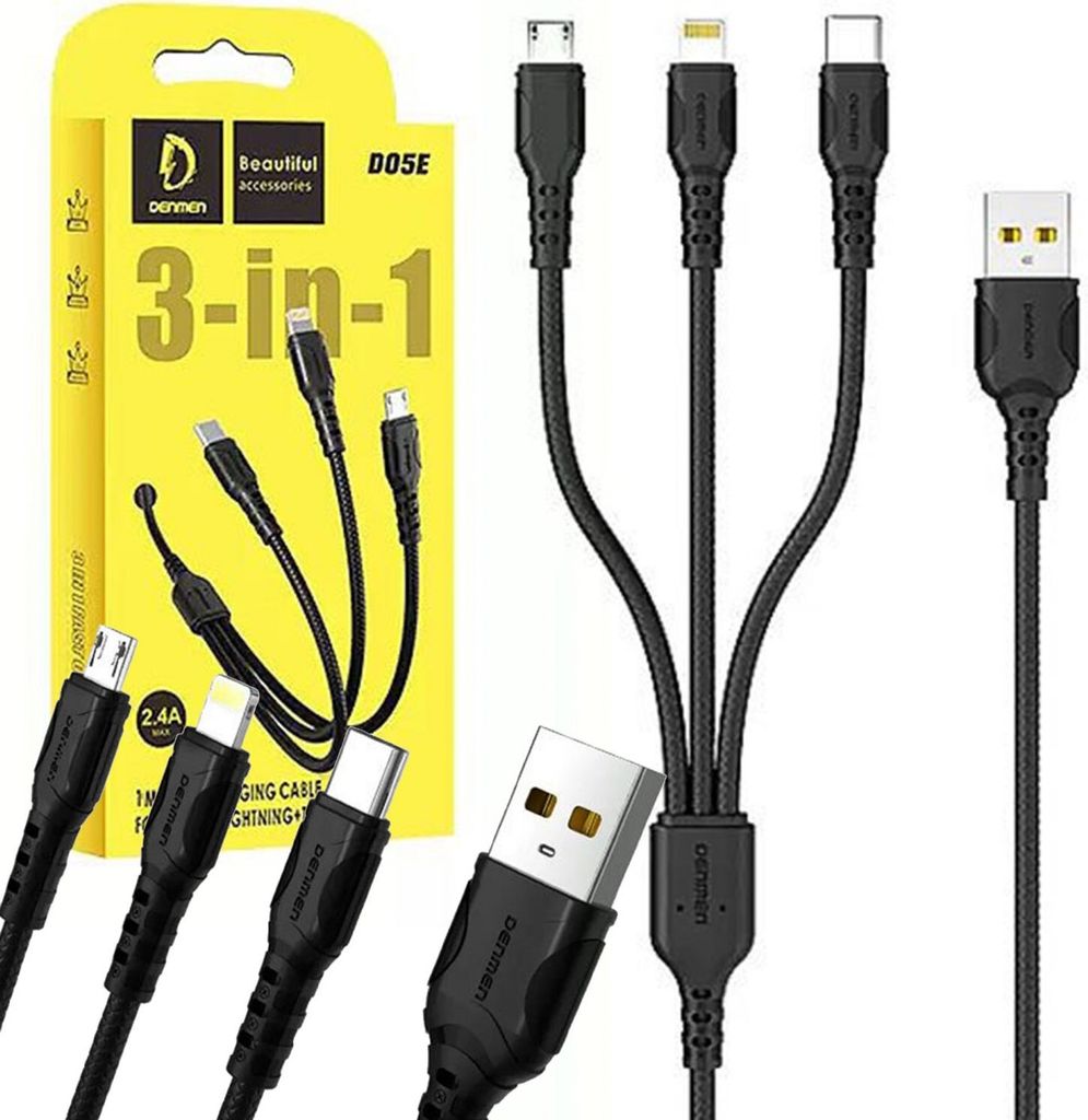 Denmen Kabel Usb 3W1 Szybkie Ładowanie Micro Typ-C Usb-C Zdjęcie produktu 