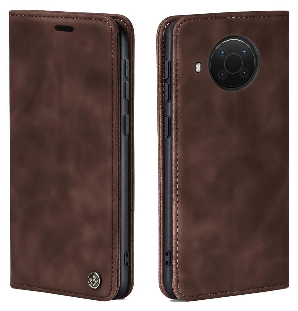 A brown flip case for a smartphone, shown from the front and back.