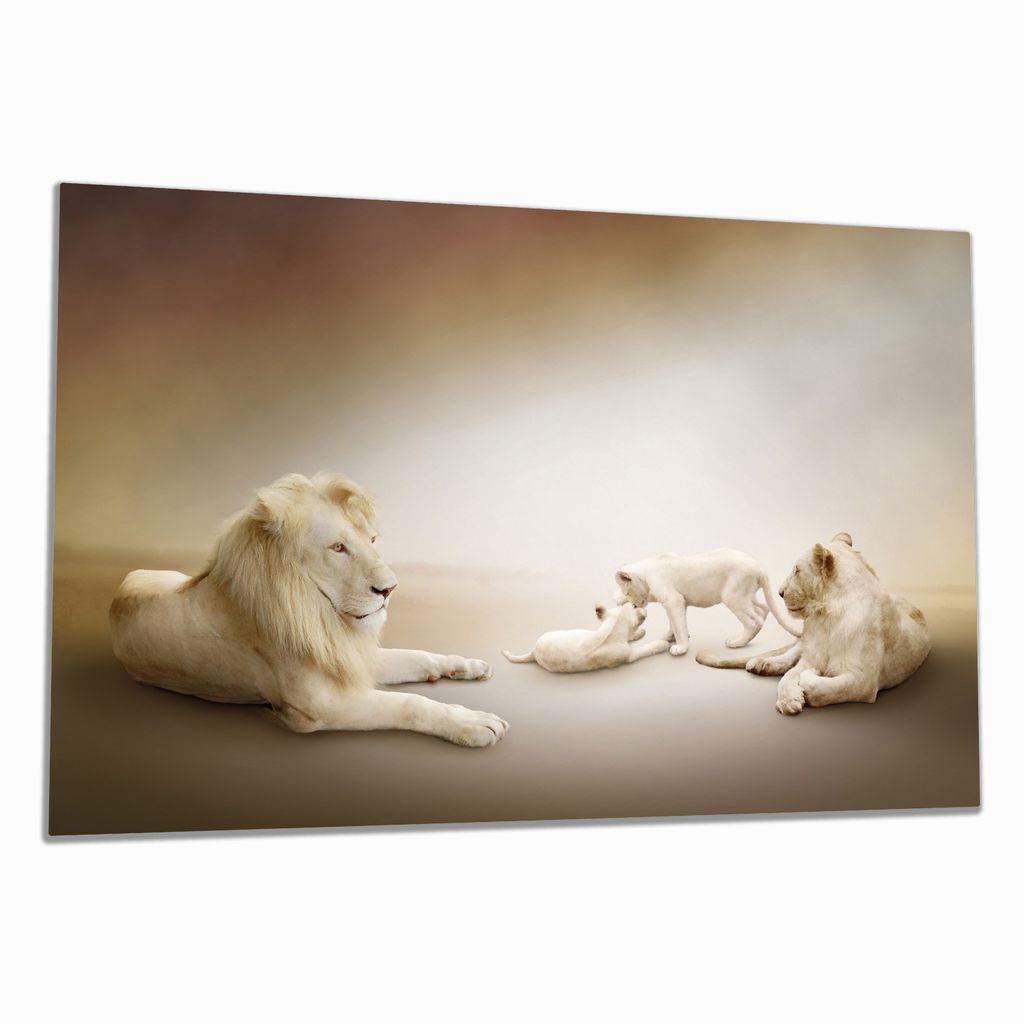 Wallario Herdabdeckplatte aus Glas, Größe 80 x 52 cm 1-teilig, Motiv Löwenfamilie mit Jungtieren
