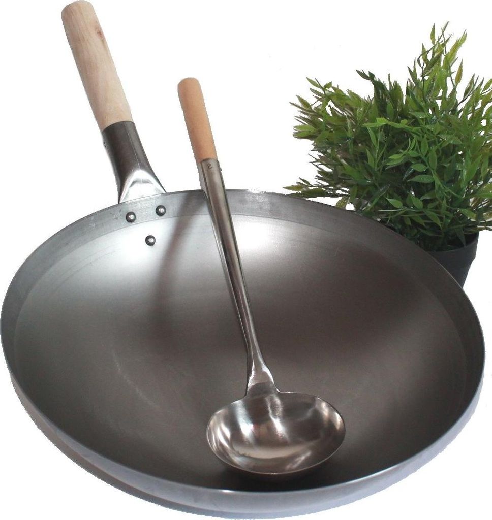 WOK SET, 30RB-K02, Wok Pfanne 30 cm Ø runder Boden Kohlenstoffstahl + Wokkelle Edelstahl Größe S - 44 cm lang mit Holzgriff