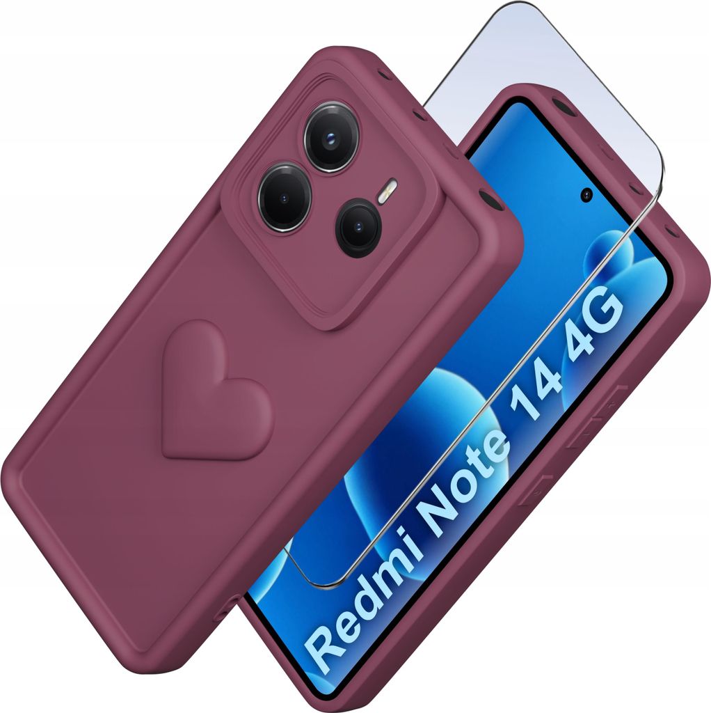 Etui für Xiaomi Redmi Note 14 5G aus mattem Silikon mit Herz + 9H-Glas