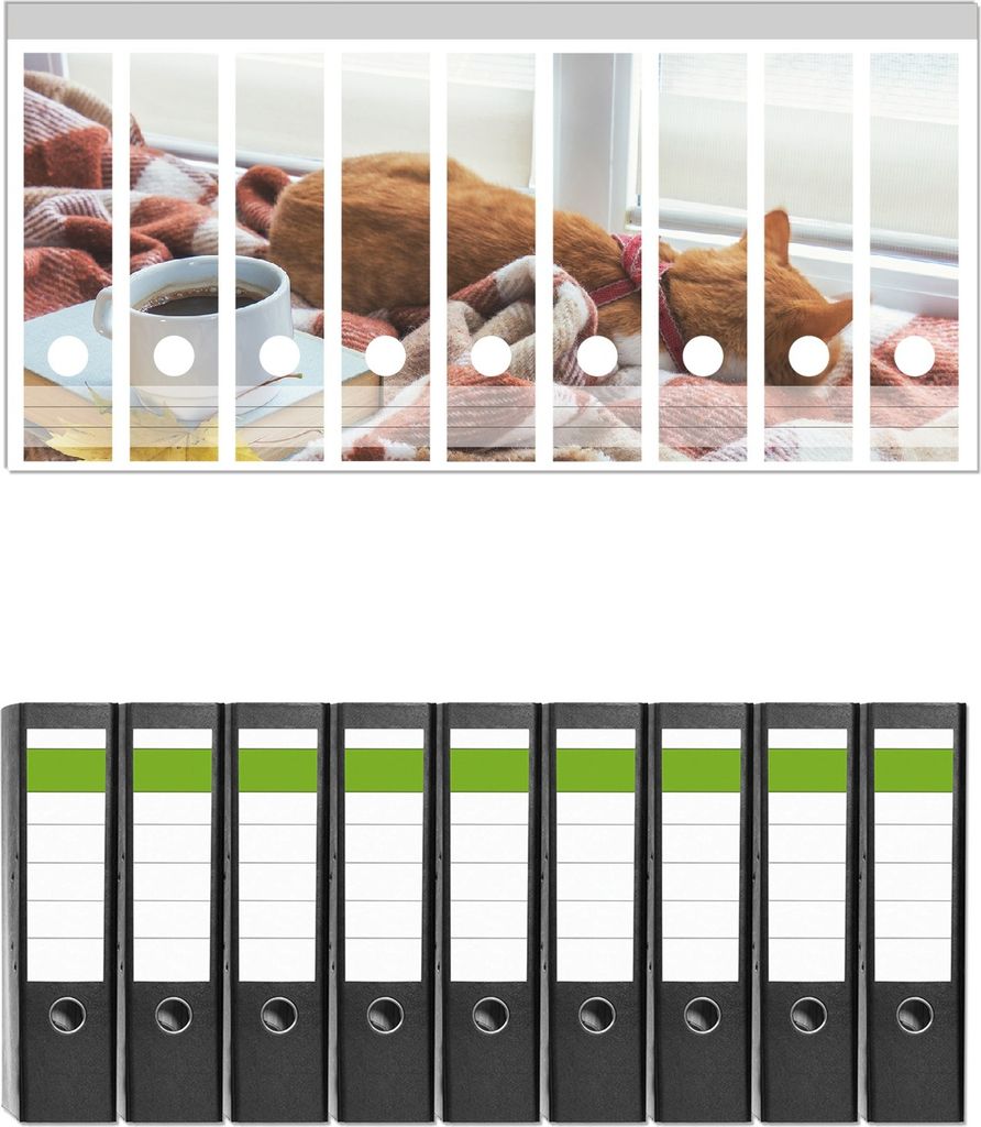 Wallario 9 Stück breite Ordner inkl. Klebeetiketten mit Motive Schlafende Katze beim Kaffeekränzchen - Set mit Rückenschildern / Ordnerrücken ...