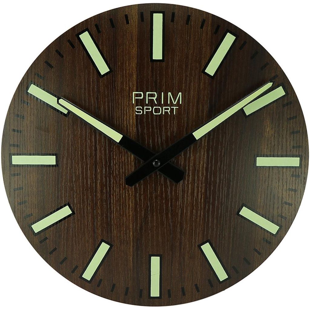 PRIM Luminescent Sport II Wanduhr Holz lautlos Braun/Weiß Produktbild 