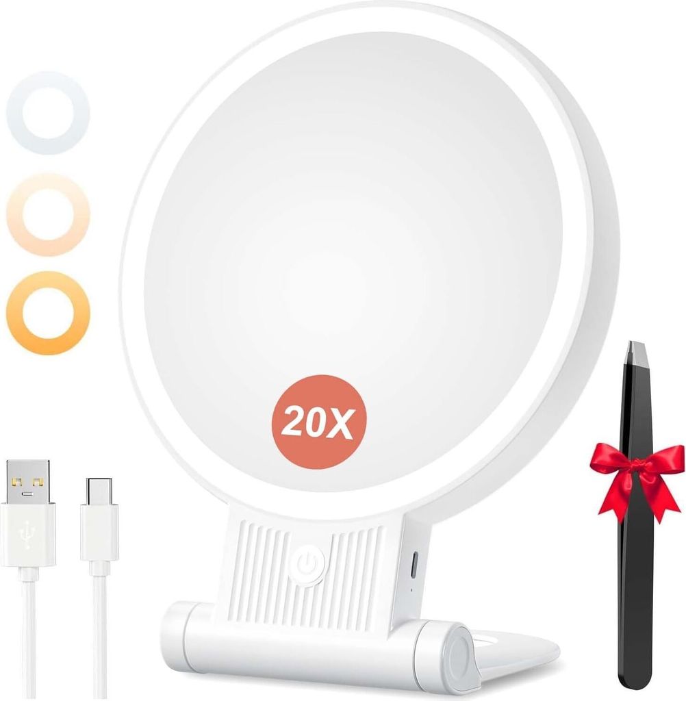 Kosmetikspiegel mit Beleuchtung, 20X/1X Doppelseitig Schminkspiegel mit Licht, Dimmbar Tischspiegel, 3 Farblichter, 2000 mAh, Faltbar Vergrößerun...