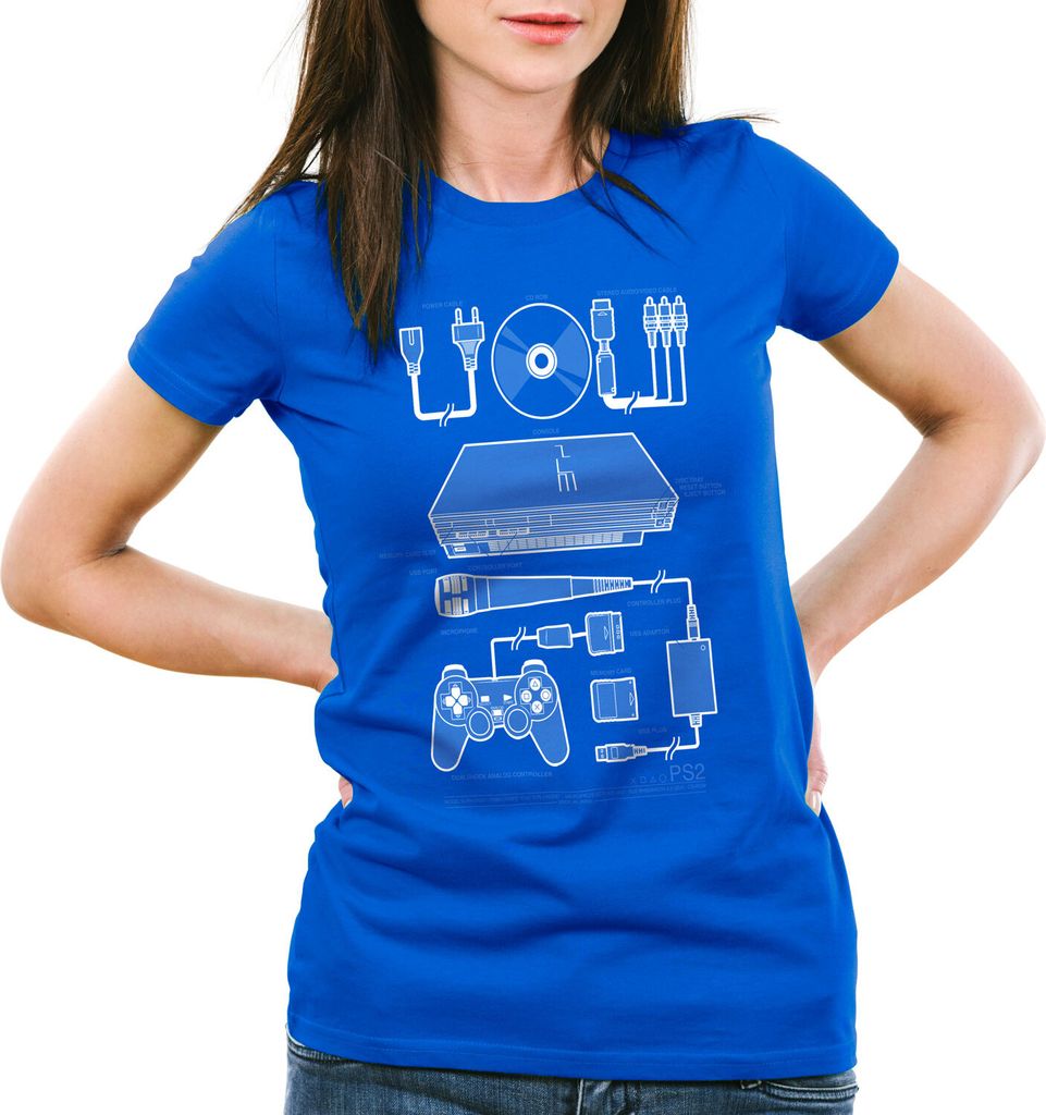 style3 PS2 Retro Gamer Damen T-Shirt PS gamepad konsole classic, Farbe:Blau, Größe:XL
