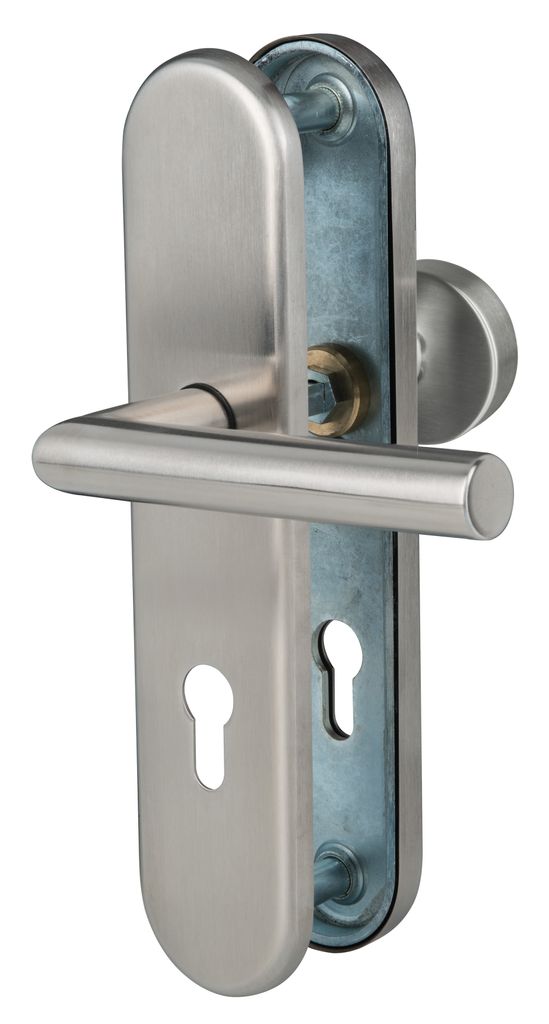 Schutzbeschlag für Wohnungseingangstüren mit Profilzylinderlochung DIN rechts/links, Knopf/Drücker, Lochabstand 72mm