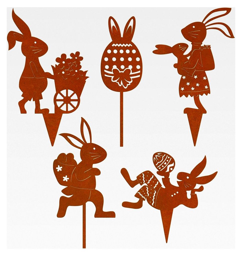 Osterhasen Deko 5er Gartenstecker, Rost Metall Blumenpott Deko für Draußen, Osterdeko Hasen Roststecker für Ostern und Frühling