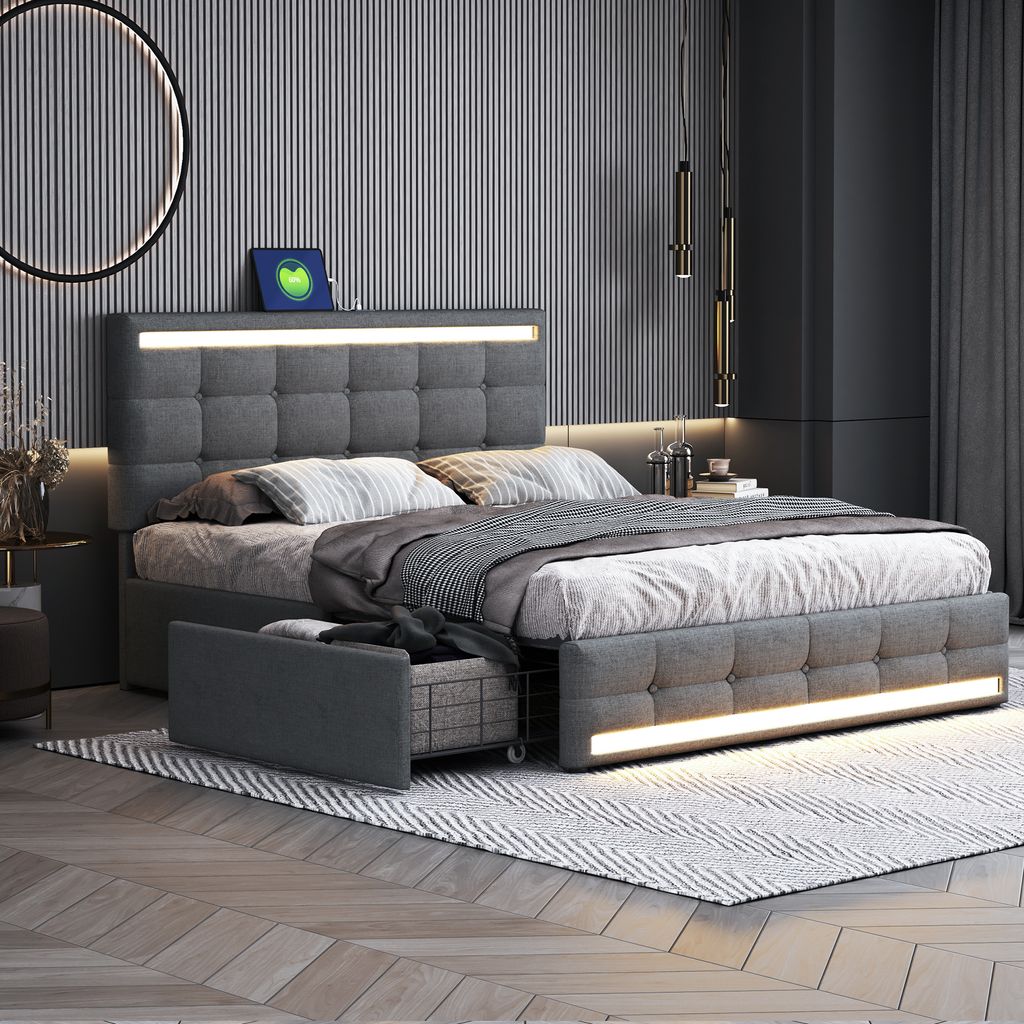 A modern bedroom with a grey upholstered bed featuring integrated LED lighting and storage drawers.