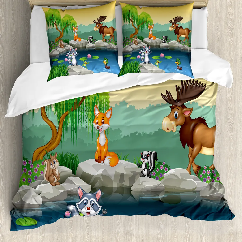 ABAKUHAUS Copripiumino con caricature, simpatici animali mascotte, antiacaro, adatto a chi soffre di allergie, con federe, 155 cm x 220 cm - 80 x 80 cm, multicolore